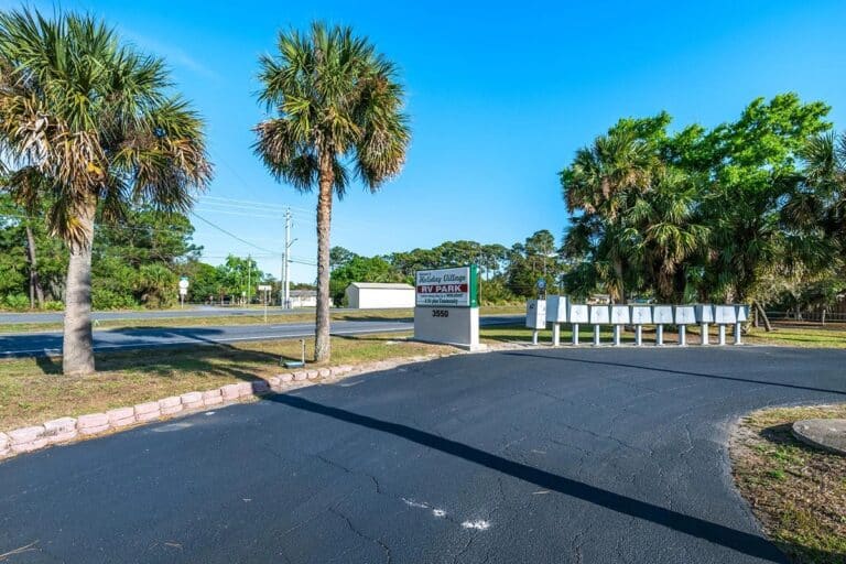 The entrance of a parking lot featuring palm trees, inviting visitors to explore the amenities of Holiday Village RV Park.