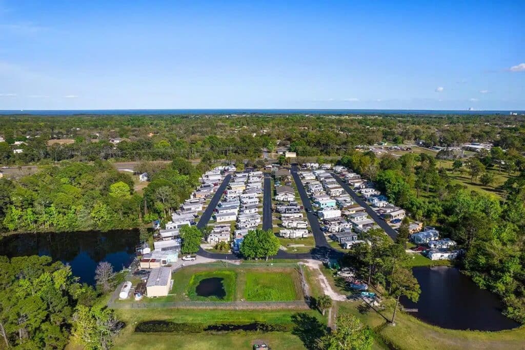 Overhead perspective of Lakeland Park in Orlando, Florida, highlighting the natural beauty and features of Holiday Village RV Park.