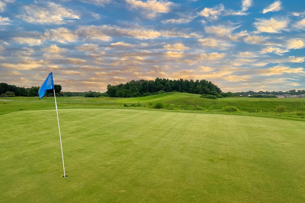 A scenic view of Indian River Preserve Golf Course featuring a blue flag on a lush green field. 